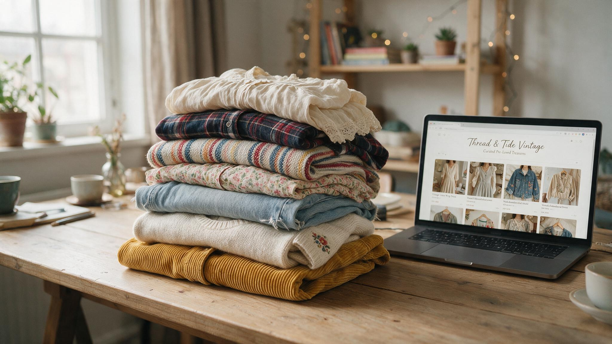 Is Making Money Online Worth It? A 9-Year Reality Check 3 Pile of used clothes beside a laptop open to an Etsy shop selling secondhand items.