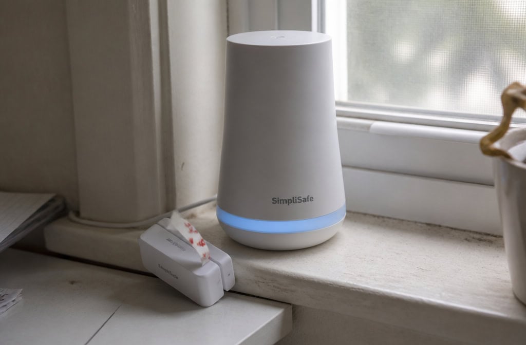 Best DIY Home Security Systems No Monthly Fee: Eufy Wins, But Abode's Free Tier Surprises 5 SimpliSafe entry sensor with failing adhesive strip on a windowsill
