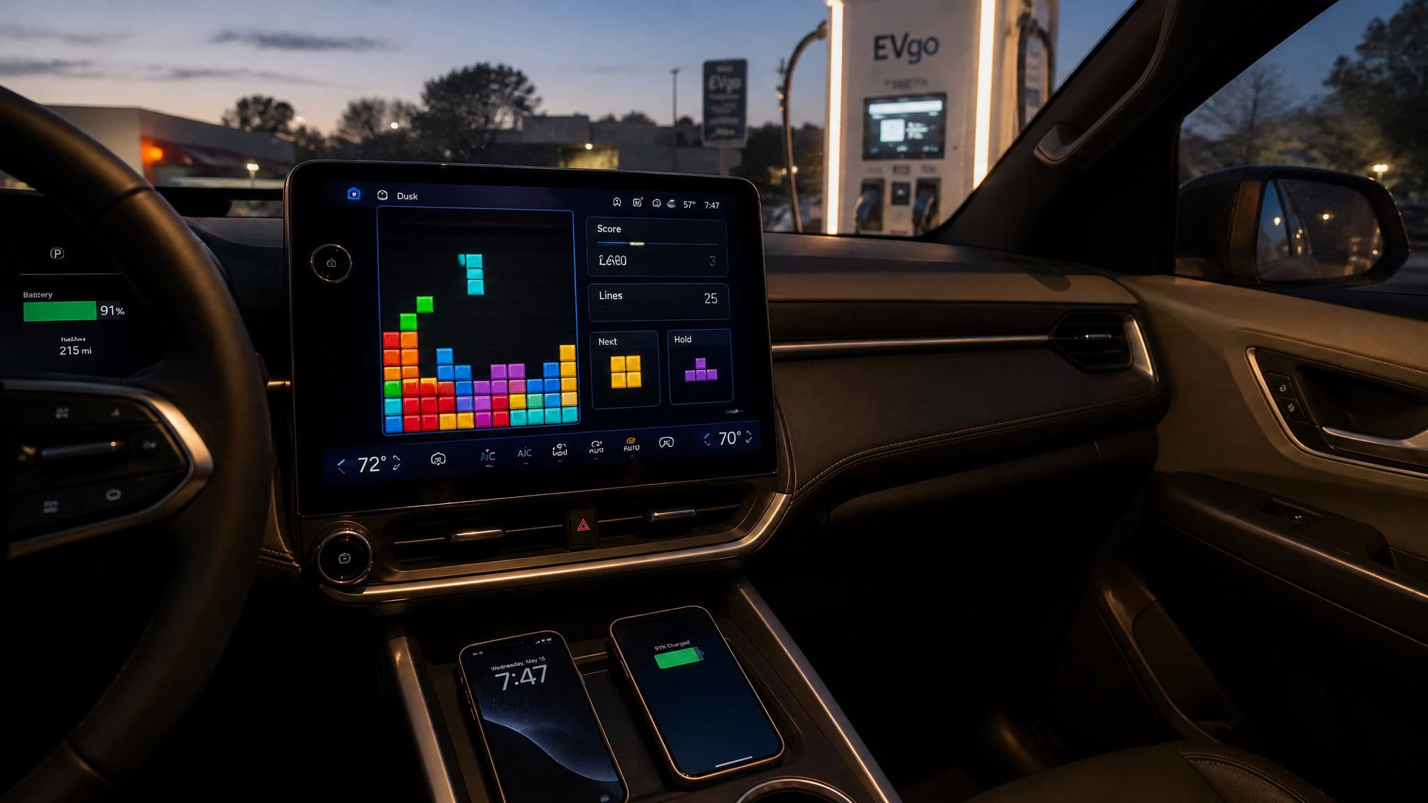 AirConsole Review: What It Is, How It Works, and Whether the Free Games Are Worth Your Time 4 Skoda car dashboard running AirConsole games with smartphones as controllers during a charging stop