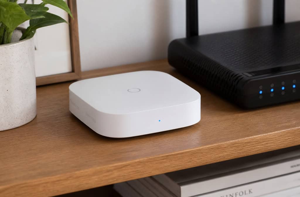 How to Install Your Own Security System: 30-Minute Setup for SimpliSafe, Ring, and ADT Blu 3 Smart home security hub base station placed near a router for setup