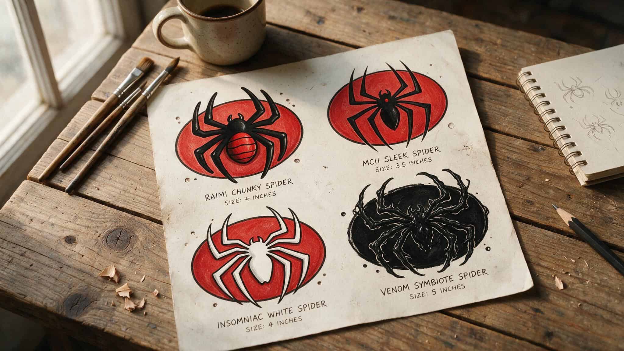 Collection of spider illustrations including chunky, sleek, white, and venom symbiote spiders on a wooden desk with art supplies.