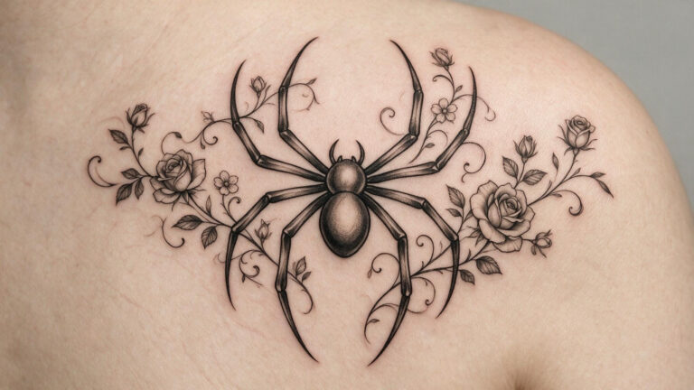 Intricate black spider tattoo with floral accents on skin, blending nature and gothic elements for a unique body art piece.