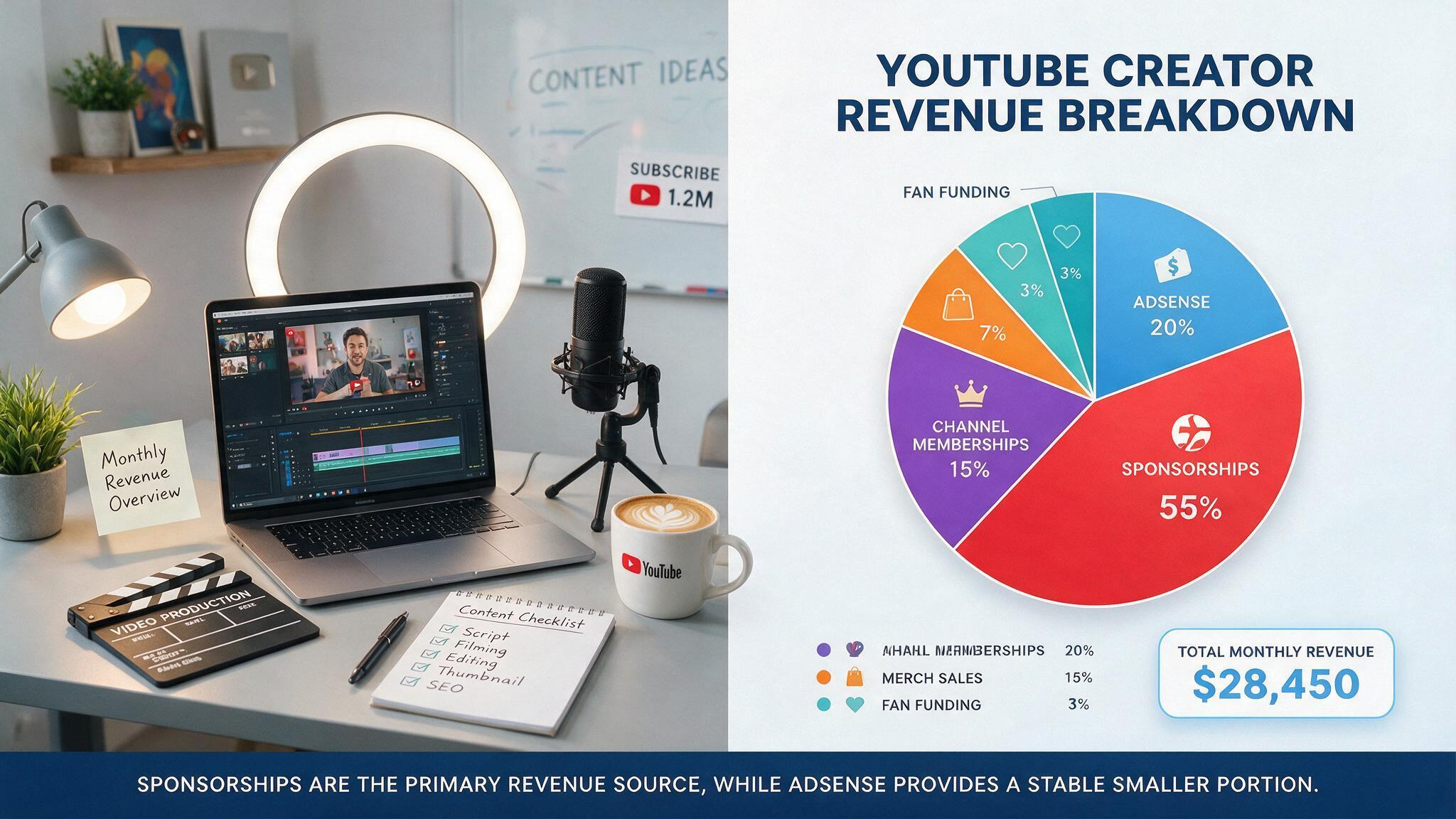 How Many Views for $10,000 a Month on YouTube? The Exact Math by Niche 4 Pie chart comparing AdSense revenue to sponsorship revenue for a YouTube creator.