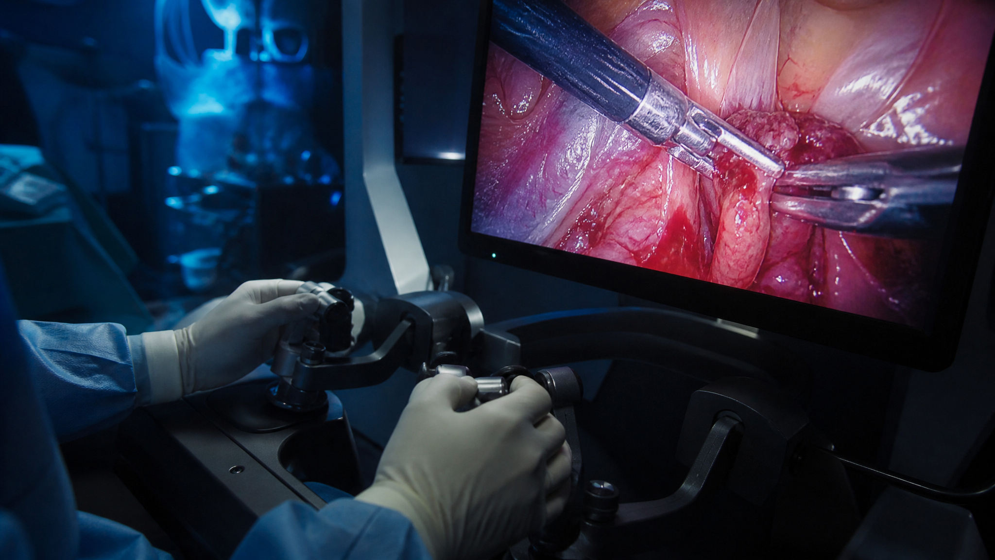 Medical Robot Names: 15+ Robots From da Vinci to Moxi 2 Surgeon using robotic instruments for minimally invasive surgery with a detailed monitor display.