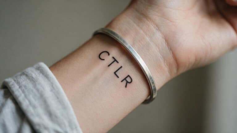 Simple black CTLR tattoo on wrist with a silver bracelet, showcasing minimalist body art and modern style.