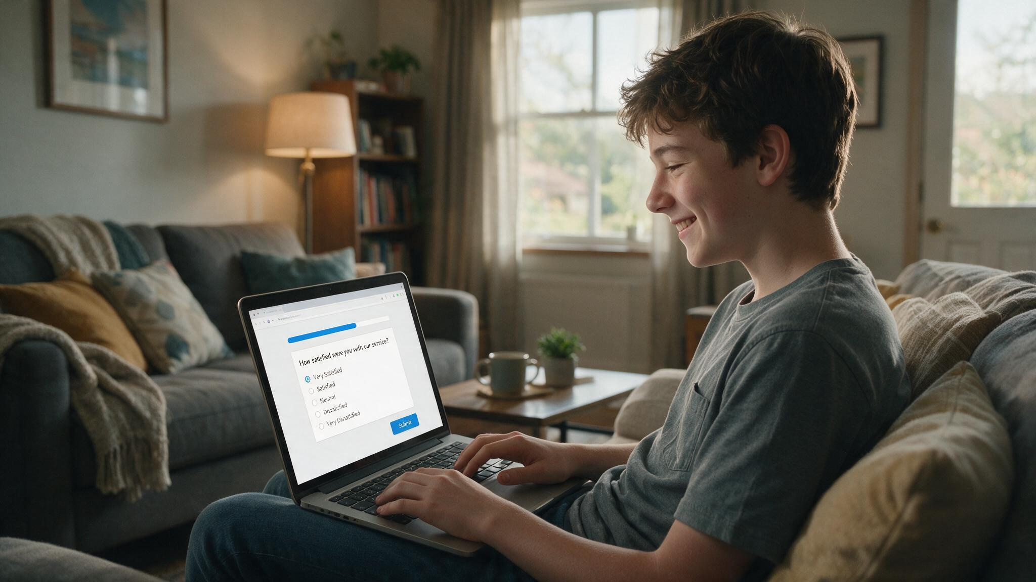 Teenager taking an online survey on a laptop to earn gift card rewards