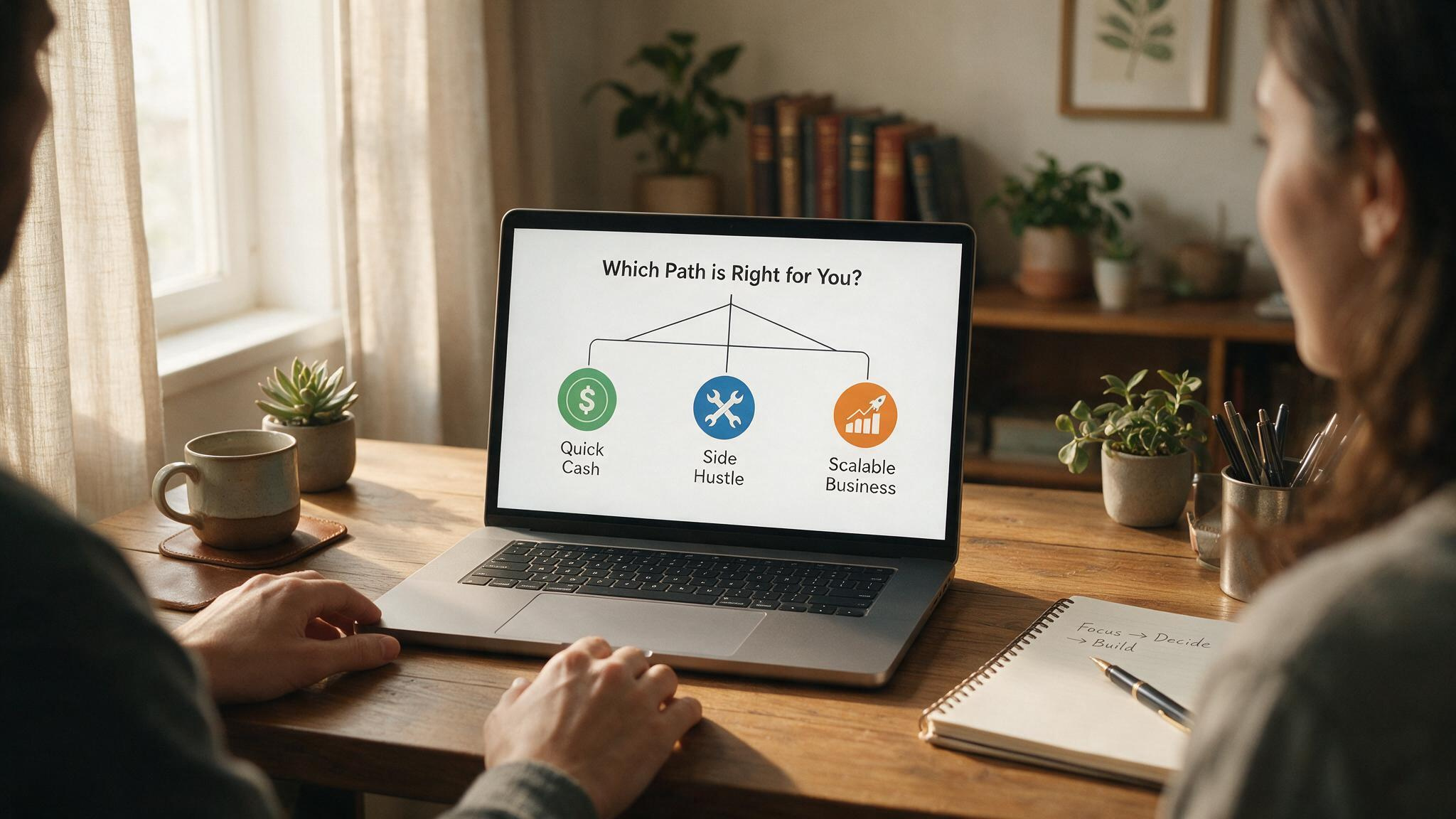 10 Trusted Online Money-Making Sites (Vetted by Data, Not Hype) 2 Decision tree diagram on laptop screen illustrating the three-tier money-making framework