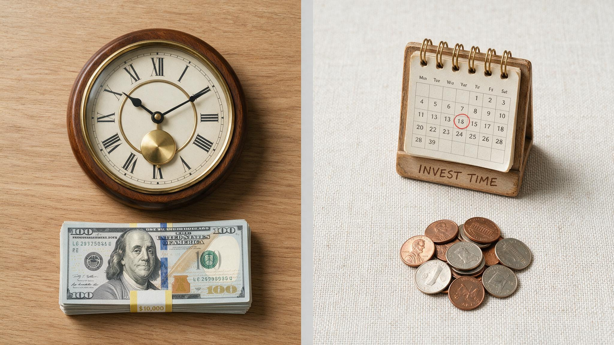 Is Making Money Online Worth It? A 9-Year Reality Check 5 Split-screen flat lay showing a clock with cash and a calendar with coins, comparing time and money.