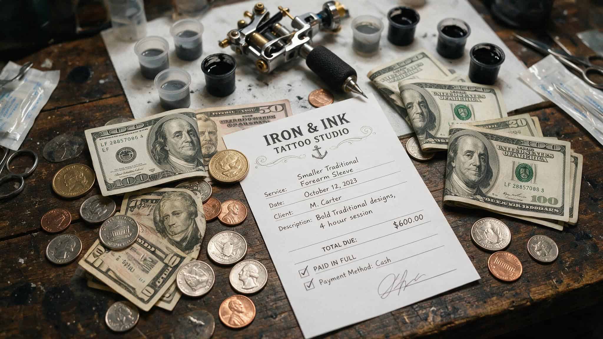 Ctrl Tattoo Tipping: Is $100 Enough for a $600 Tattoo? 2 Cash and a $600 tattoo receipt laid out on a table with tattoo equipment nearby.