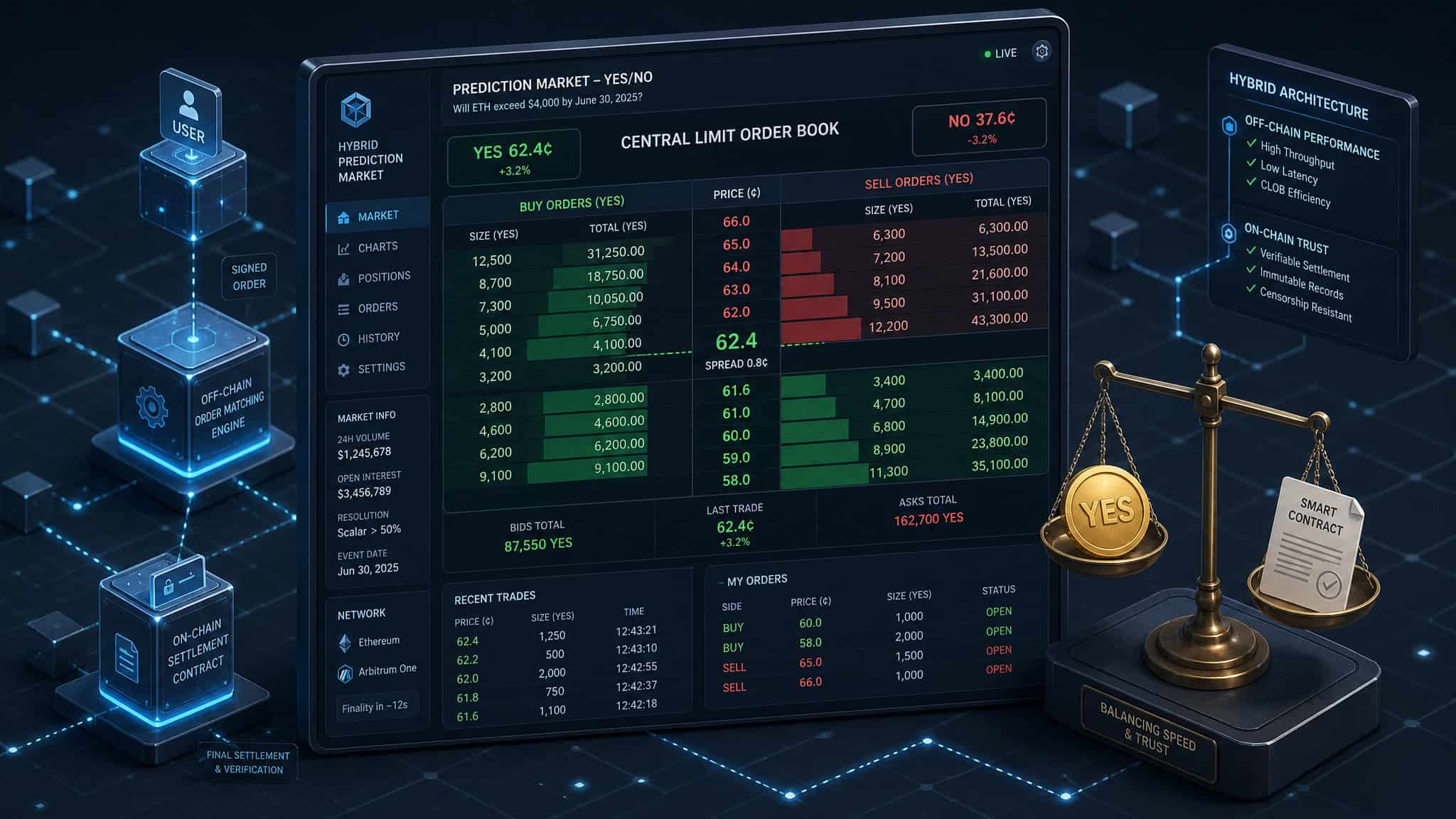 What Are Prediction Markets in Sports Betting? A Guide to How They Work, Fees, and Legality 2 Isometric view of a central limit order book with blockchain nodes, illustrating the hybrid trading architecture.