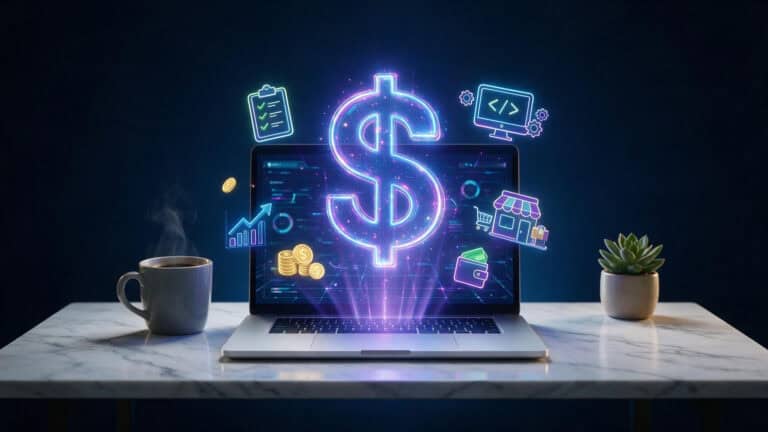 Laptop with digital finance icons including dollar sign, coins, and coding symbols representing online money management and cryptocurrency.