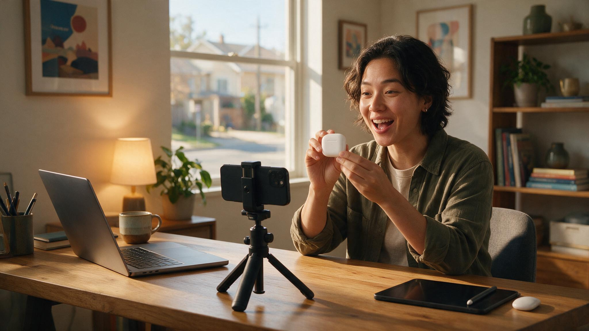 Person creating user-generated content with a smartphone for brand partnerships and higher earnings