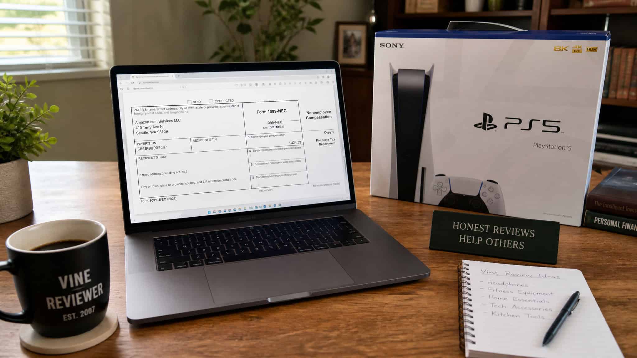 Amazon Vine reviewer's desk with a 1099-NEC tax form and a PlayStation 5 box, illustrating the tax obligation.