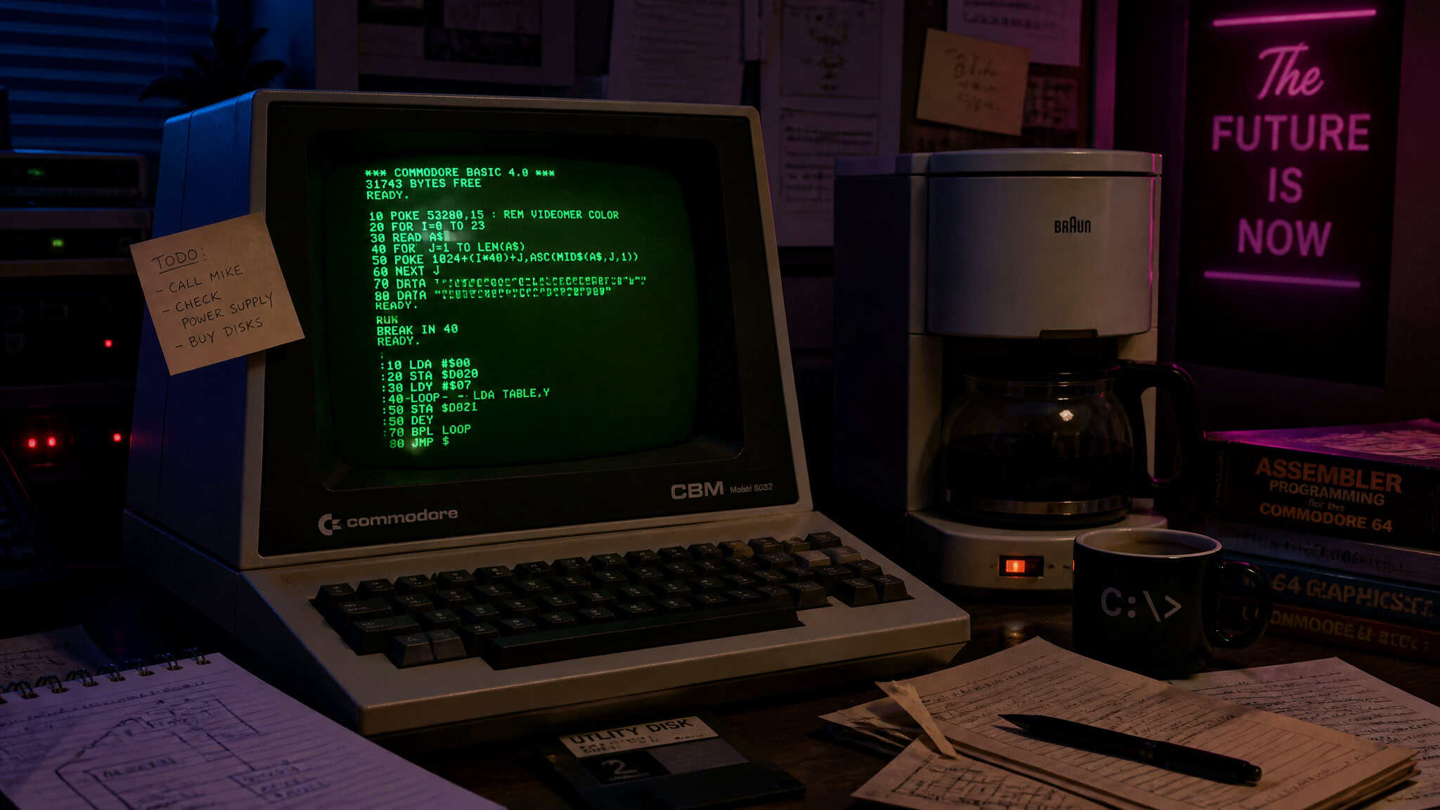 Vintage computer terminal and Braun coffee maker in a neon-lit room, evoking the invented lexicon of Gibson's Sprawl.