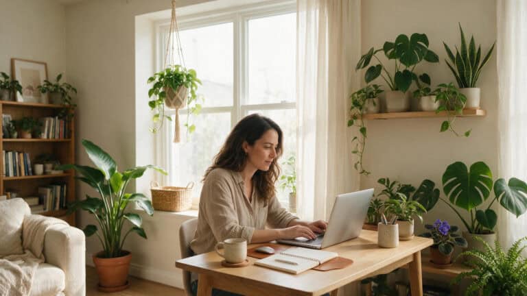 Woman working on a laptop in a bright, plant-filled home office with large windows and natural light.