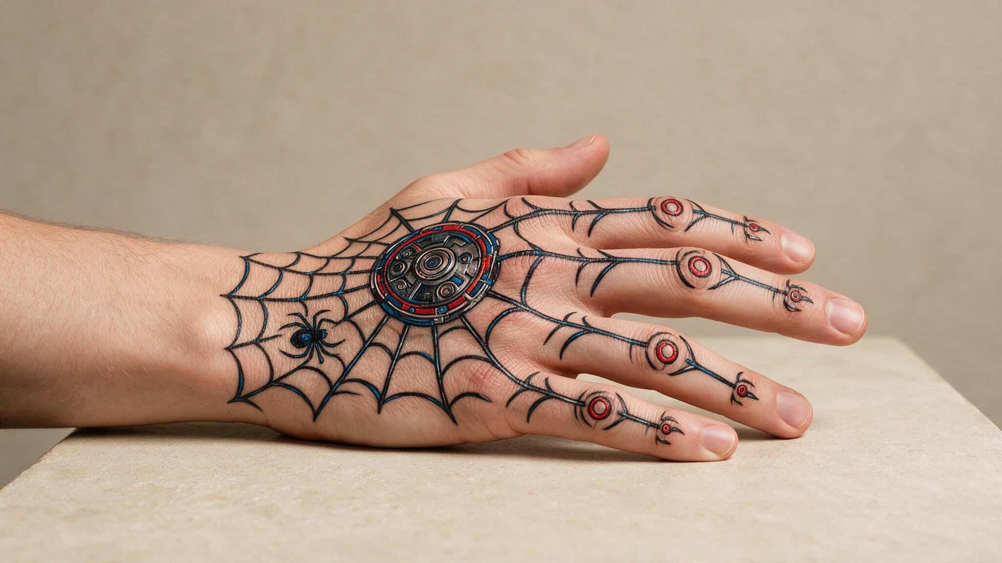 Web-shooter motif tattoo on hand and wrist, showing placement and line detail