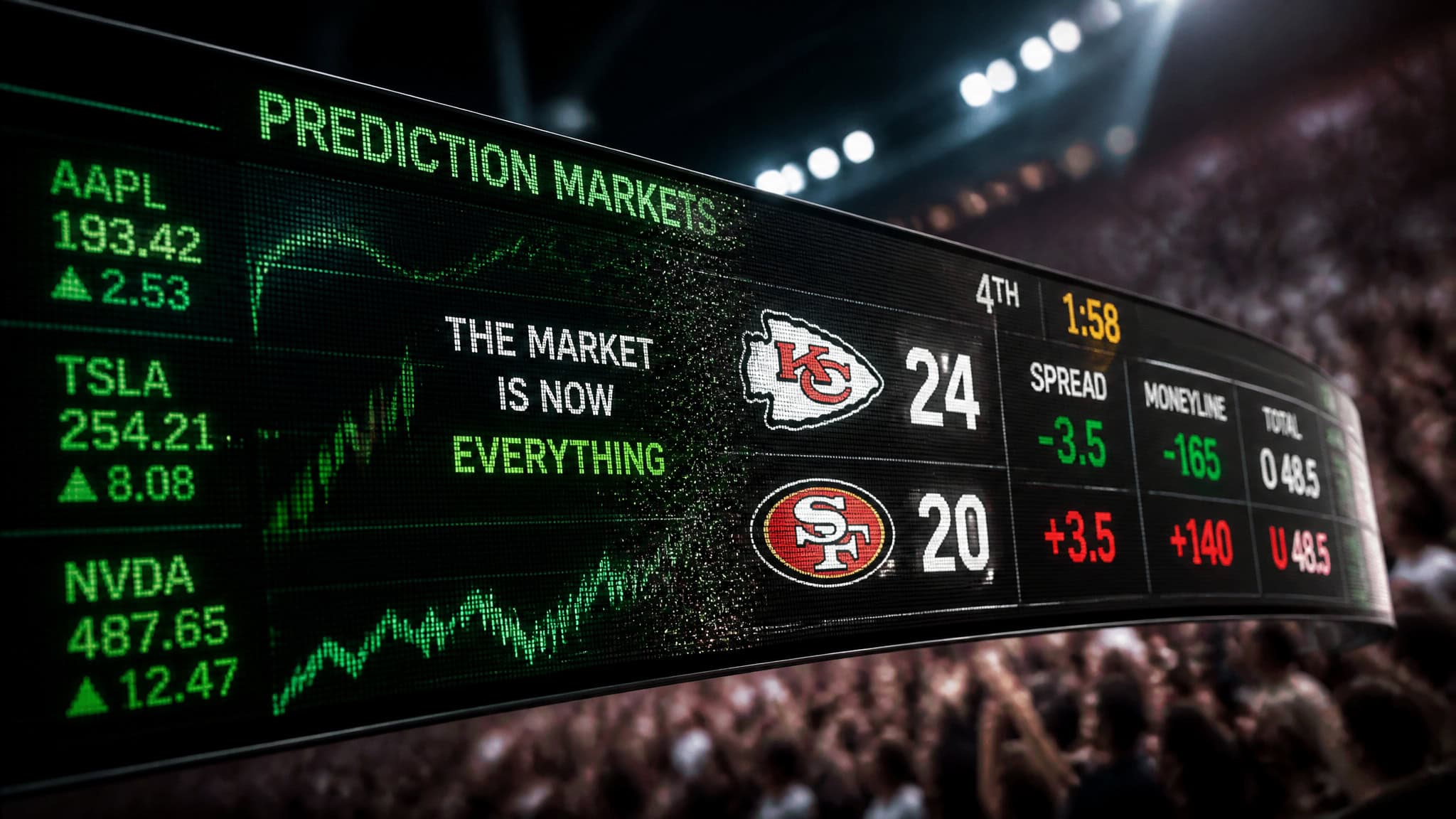 Digital scoreboard showing NFL game scores between Kansas City Chiefs and San Francisco 49ers with market predictions and live updates.