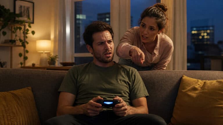 A man playing video games on a console with a woman angrily pointing at him in a cozy living room setting.