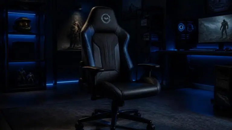High-tech gaming chair in a dark, modern gaming room with LED lighting and gaming monitors.
