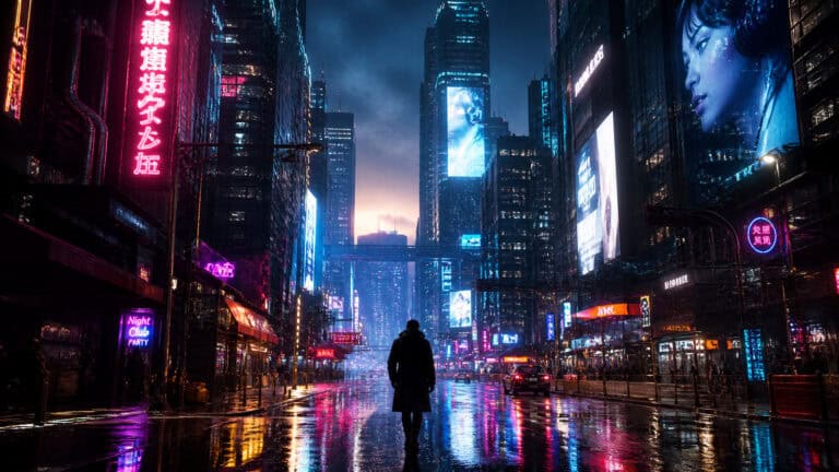 A person walking through a vibrant, neon-lit city street at night with towering skyscrapers and digital billboards illuminating the scene.