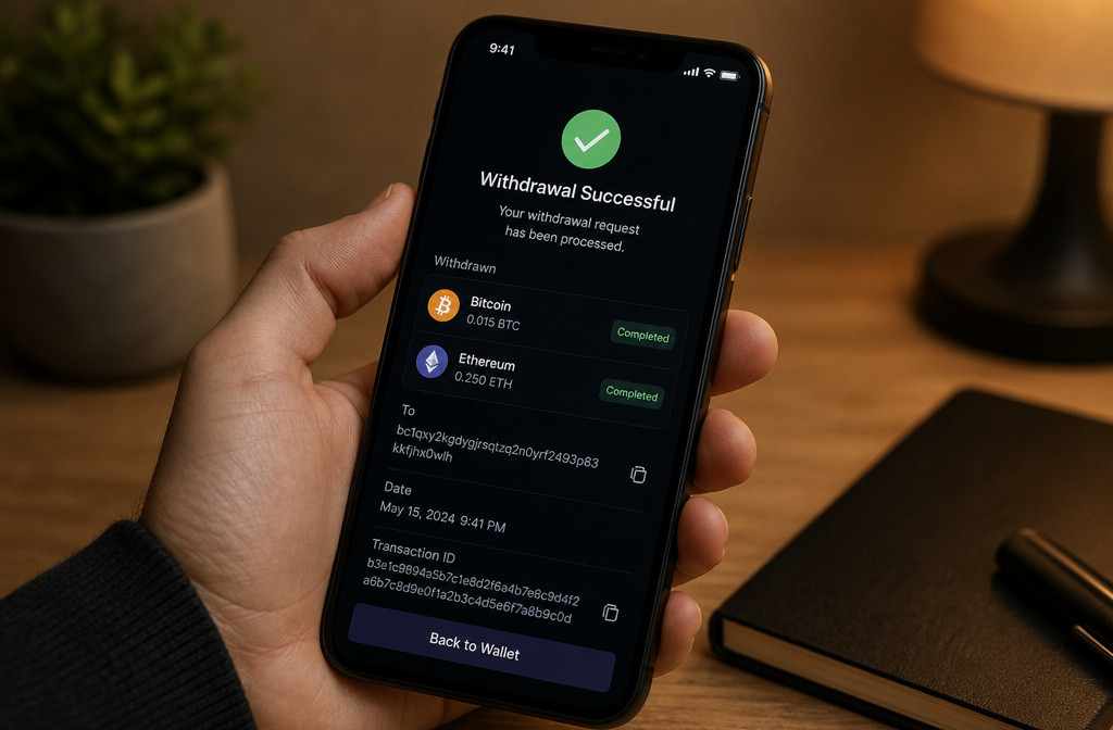 6 Checks Before Using a CS2 Case Site (Red Flags) 2 Close-up of a smartphone showing a successful cryptocurrency withdrawal confirmation screen with Bitcoin and Ethereum details.