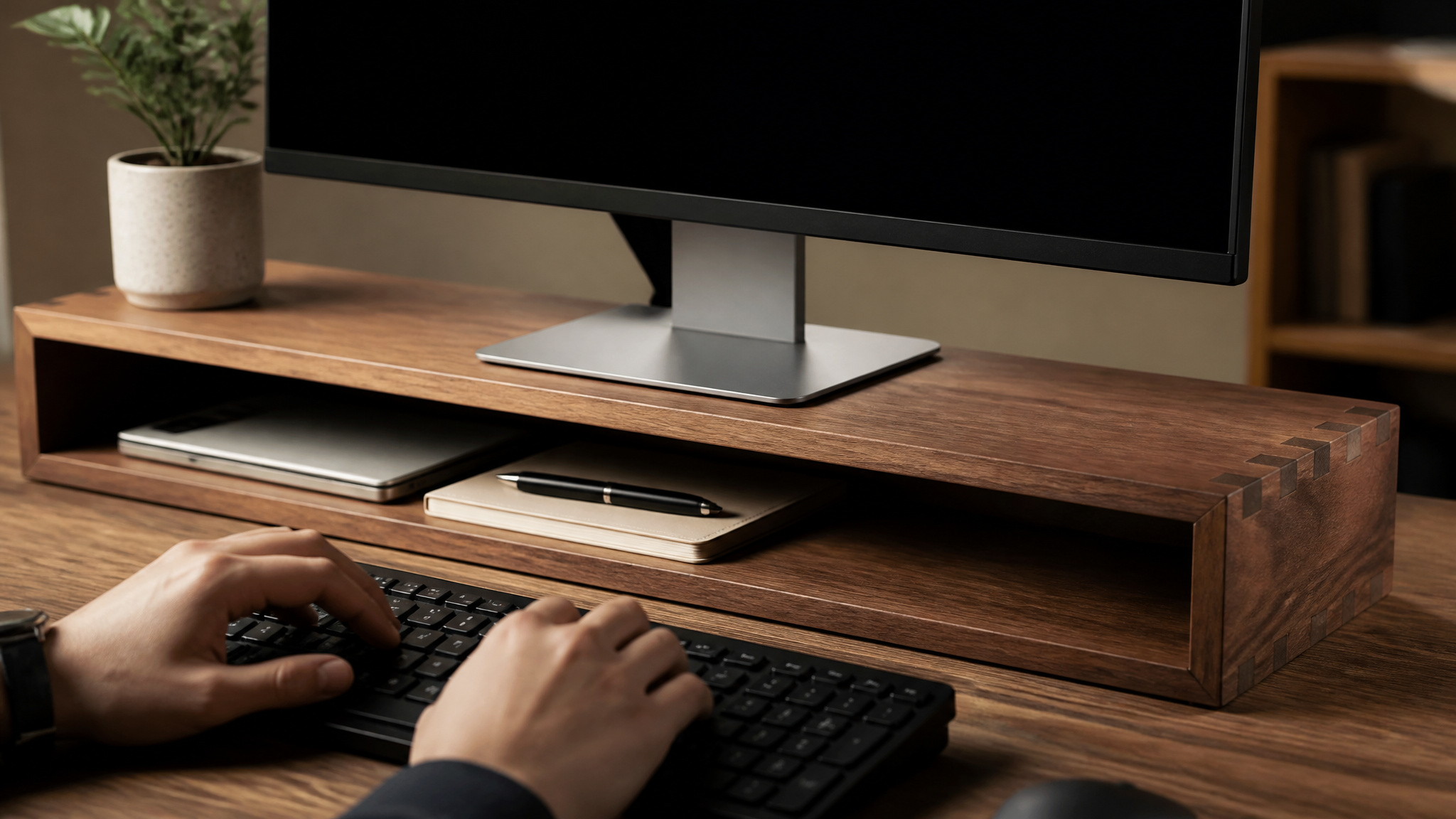 Grovemade desk shelf elevating a monitor for better posture.