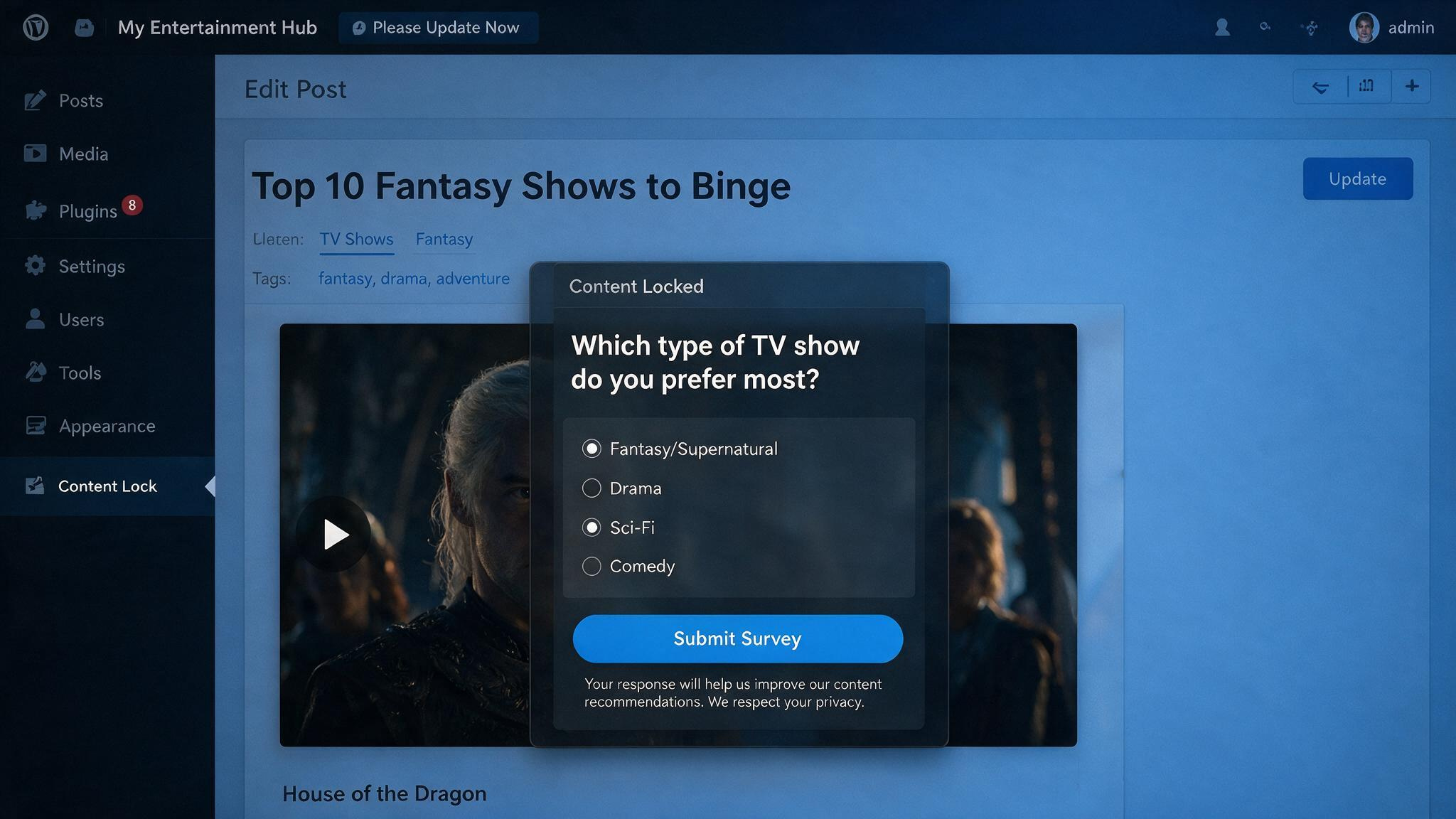 Grey Hat Money: How I Made $100/Day with a TV Show Site and CPA Locking 3 WordPress admin panel showing CPA content locking plugin with survey gateway overlay on a TV show video thumbnail