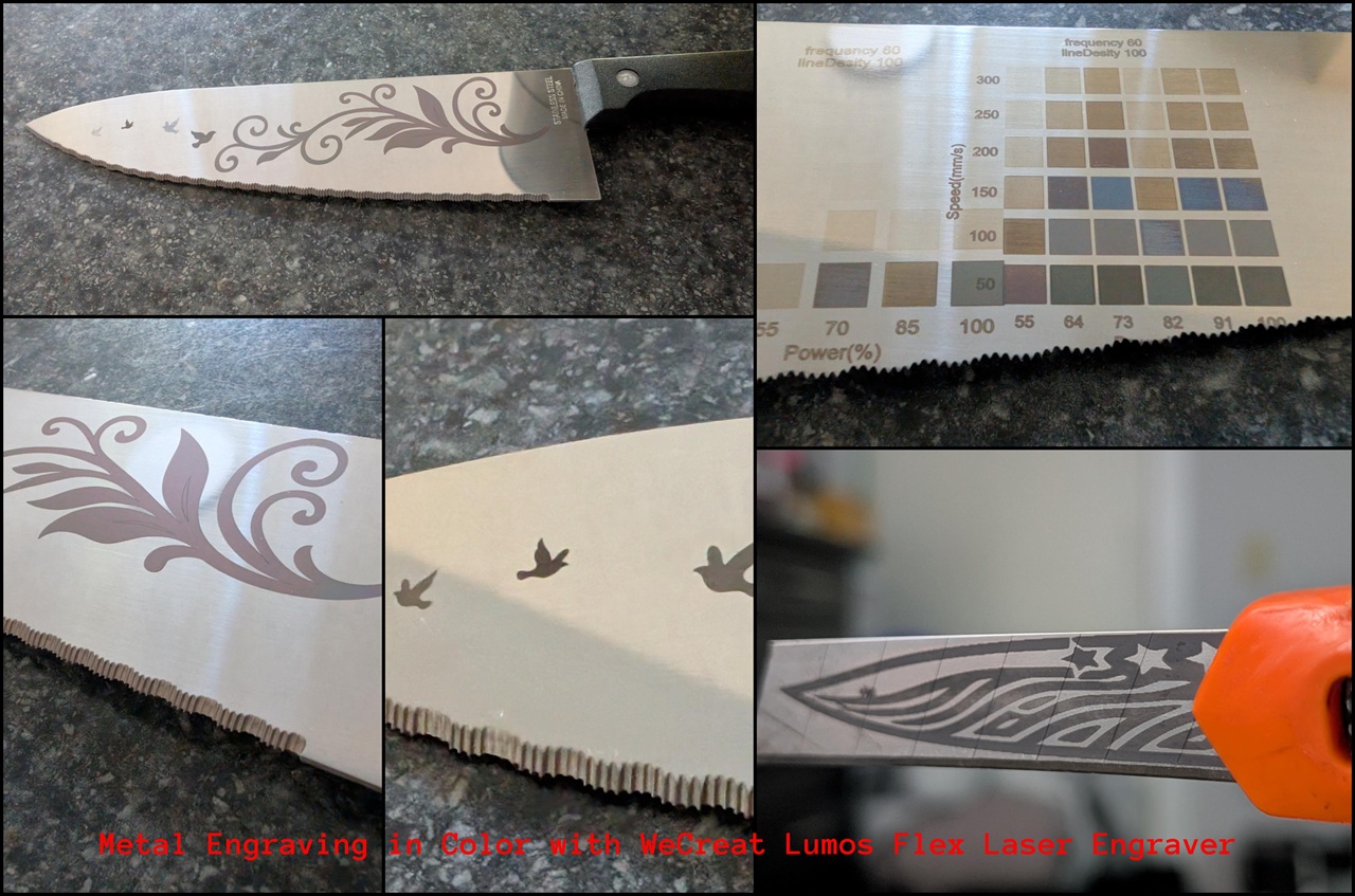 WeCreat Lumos Flex Review: Where the Metal Claims End and MOPA Begins 4 Close-up of a laser-engraved Lumos Flex knife with intricate design on the blade, showcasing detailed metalwork and craftsmanship.