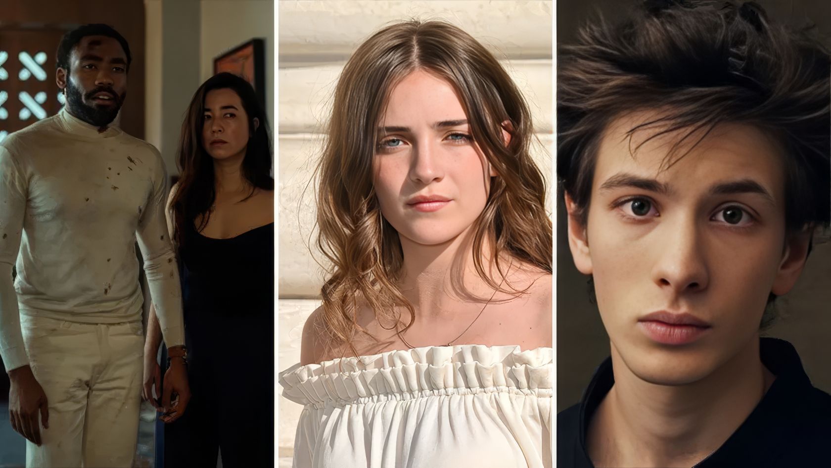 Young actors portraying characters in a scene from Mr and Mrs Smith Season 2, filming in April 2026, featuring a diverse cast of a man, woman, and young man.