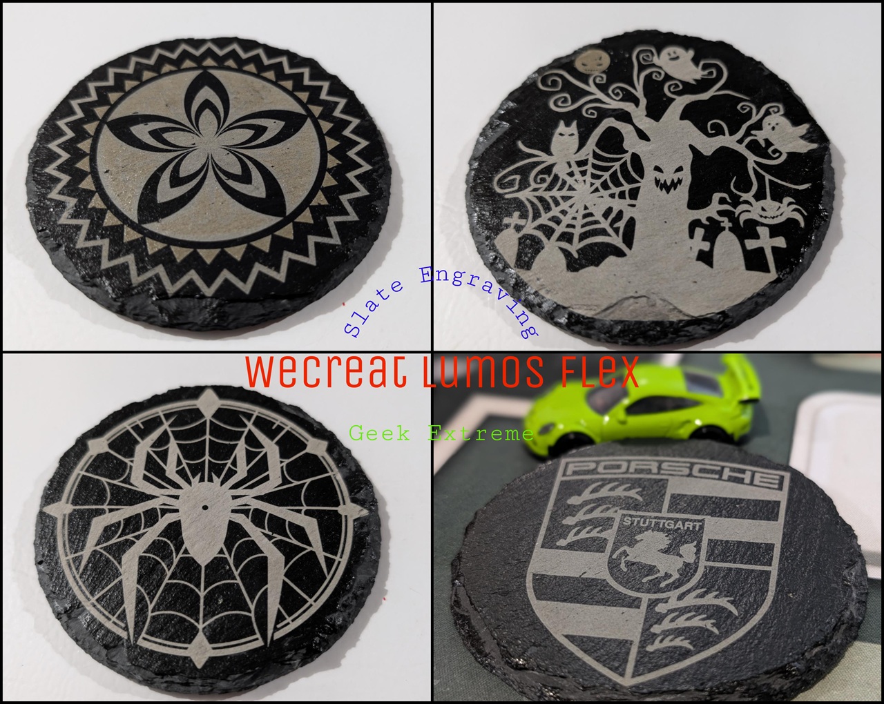 WeCreat Lumos Flex Review: Where the Metal Claims End and MOPA Begins 6 Set of four custom engraved coasters featuring intricate designs including a floral pattern, haunted tree, spider web, and Porsche logo, perfect for geeky decor.