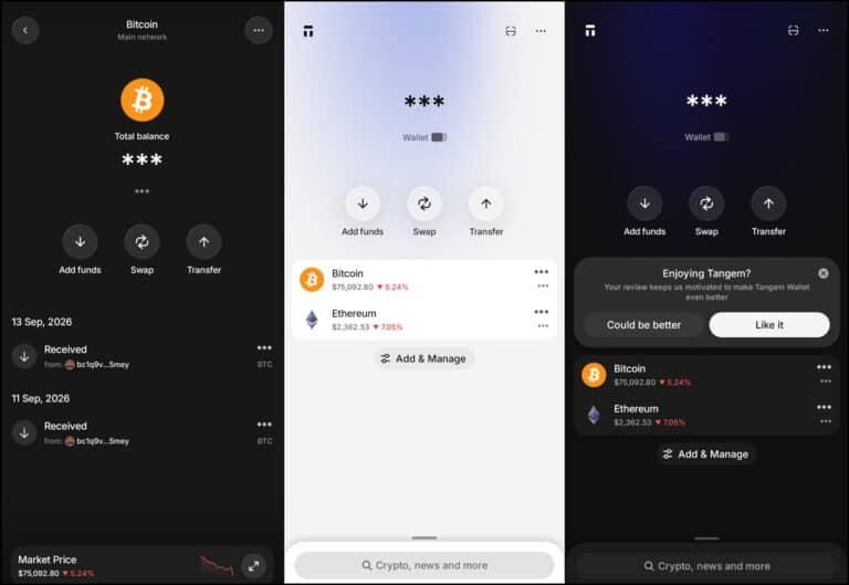 Screenshot of a cryptocurrency wallet app showing Bitcoin and Ethereum balances, transaction history, and options to add funds, swap, or transfer.