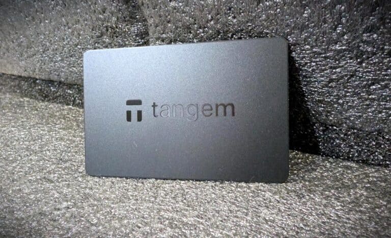 Close-up of a Tangem hardware wallet with EAL6+ security chips, emphasizing its secure design for cryptocurrency storage.