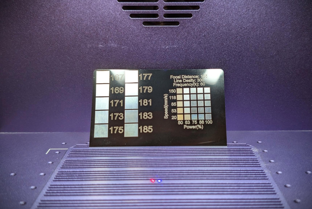 WeCreat Lumos Flex Review: Where the Metal Claims End and MOPA Begins 3 Close-up of Lumos Flex flashlight's display panel showing beam intensity, focus distance, and power settings.
