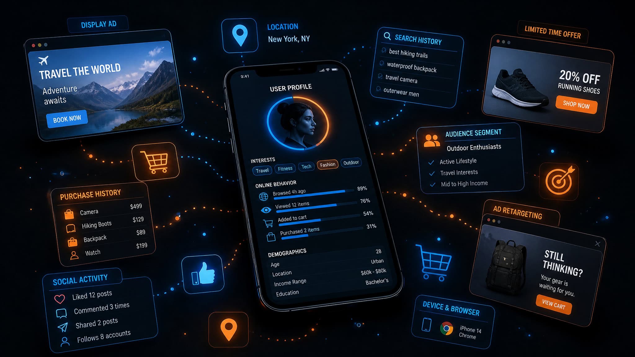Smartphone surrounded by floating data points, shopping carts, and location pins representing ad targeting profiles