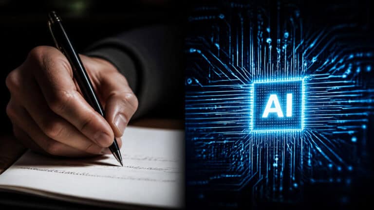 Close-up of a hand writing on paper next to a digital AI icon with glowing circuit lines.