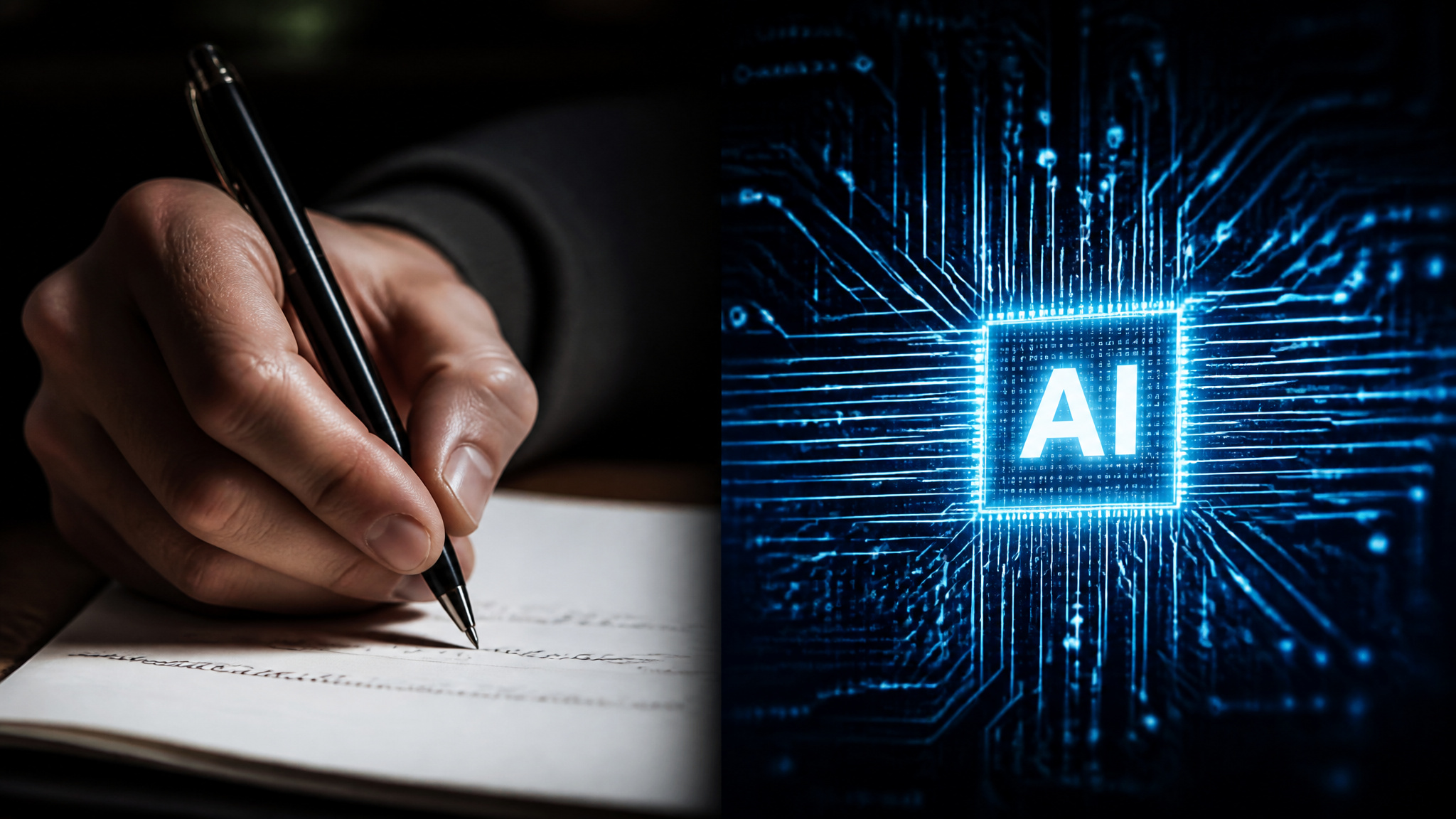 Close-up of a hand writing on paper next to a digital AI icon with glowing circuit lines.