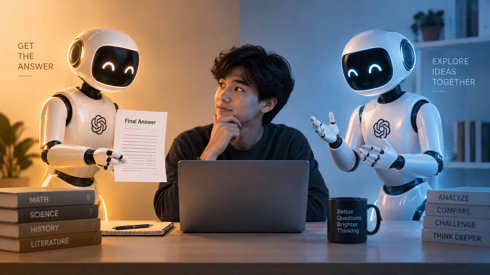 How to Use AI Without Losing Your Own Thinking Skills: What a 1,000-Student Study Reveals 2 Two humanoid robots with glowing faces and a young man studying at a desk, surrounded by books and a laptop, in a modern tech environment.