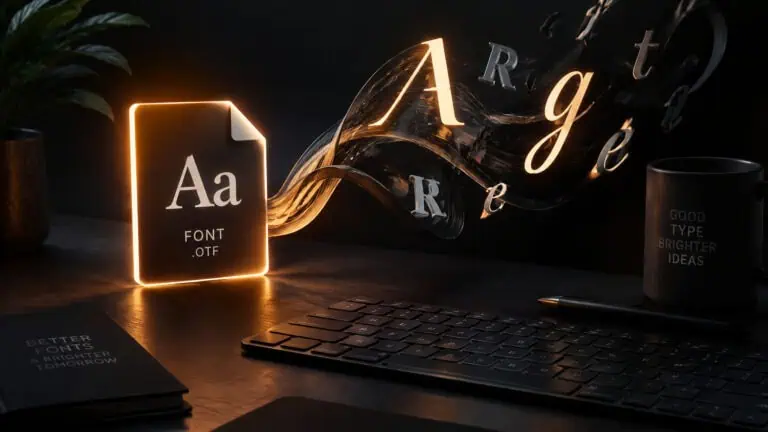 Free AI font generator concept showing an installable font file with flowing letterforms for the featured article