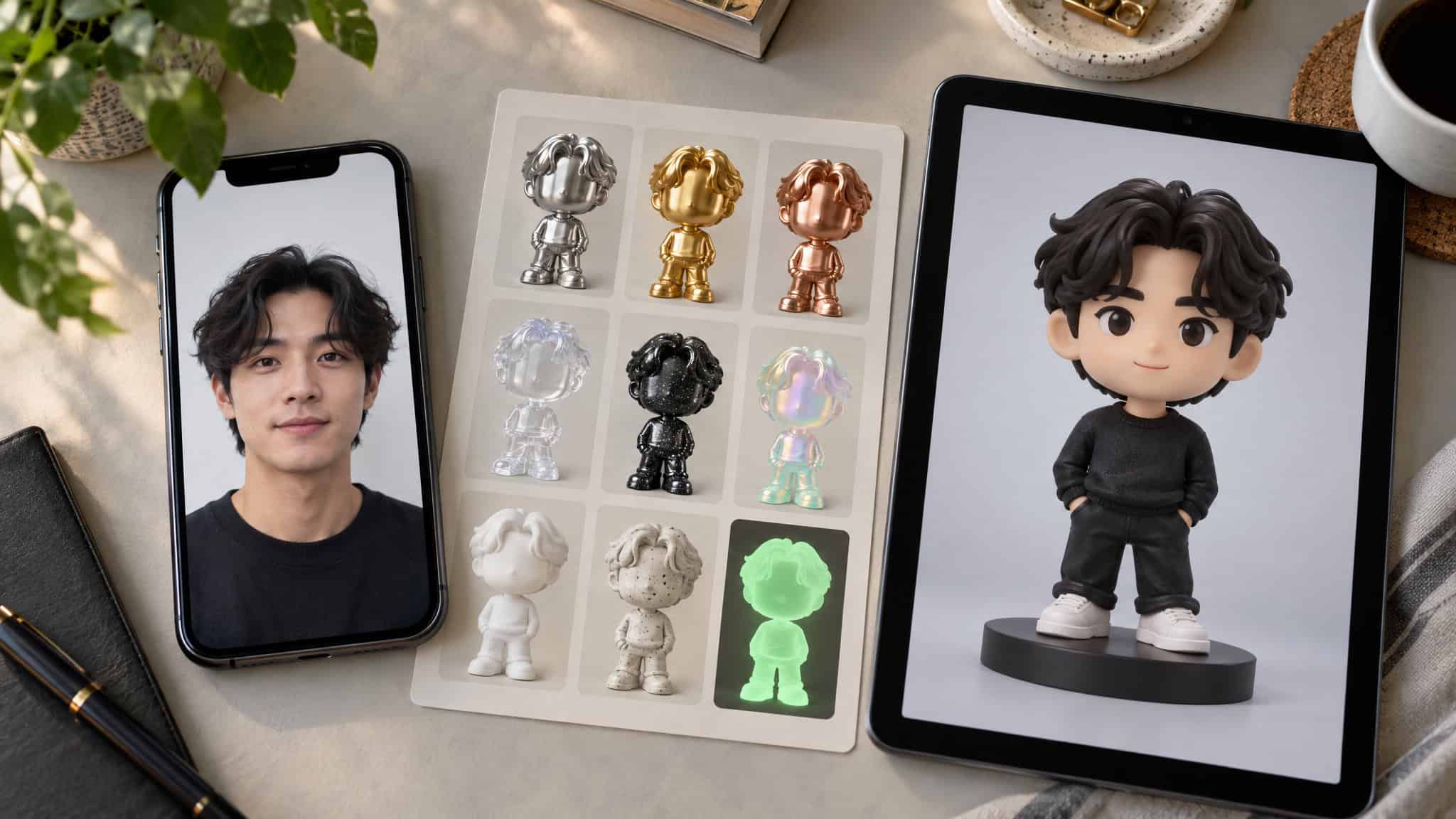 AI Funko Pop generator workflow with phone photo upload, style picker, and instant digital figure