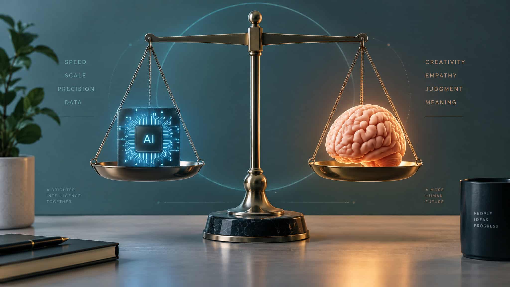 Are We Outsourcing Our Thinking to AI? What the Research Actually Shows 3 Scale balancing AI assistance against human judgment, representing the framework for when AI helps thinking