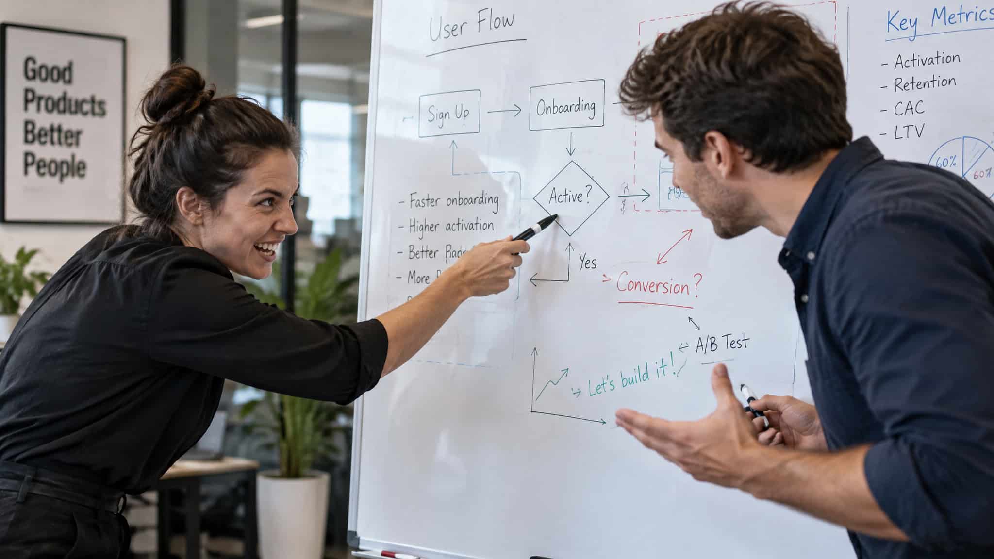 How to Use AI Without Losing Your Own Thinking Skills: What a 1,000-Student Study Reveals 3 Two professionals collaborating on a whiteboard with user flow diagrams and key metrics for business growth.