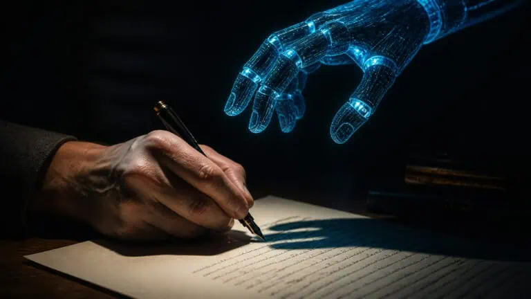 A human hand writing on paper with a pen while a holographic digital hand hovers above, illustrating technology and innovation.