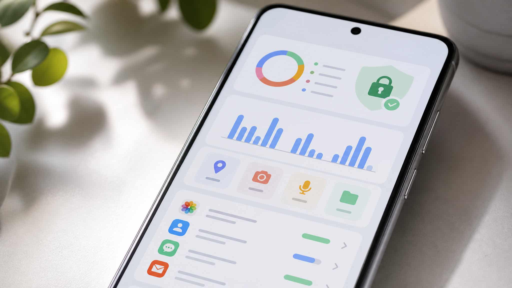 Android privacy dashboard displaying app access history for camera, microphone, and location