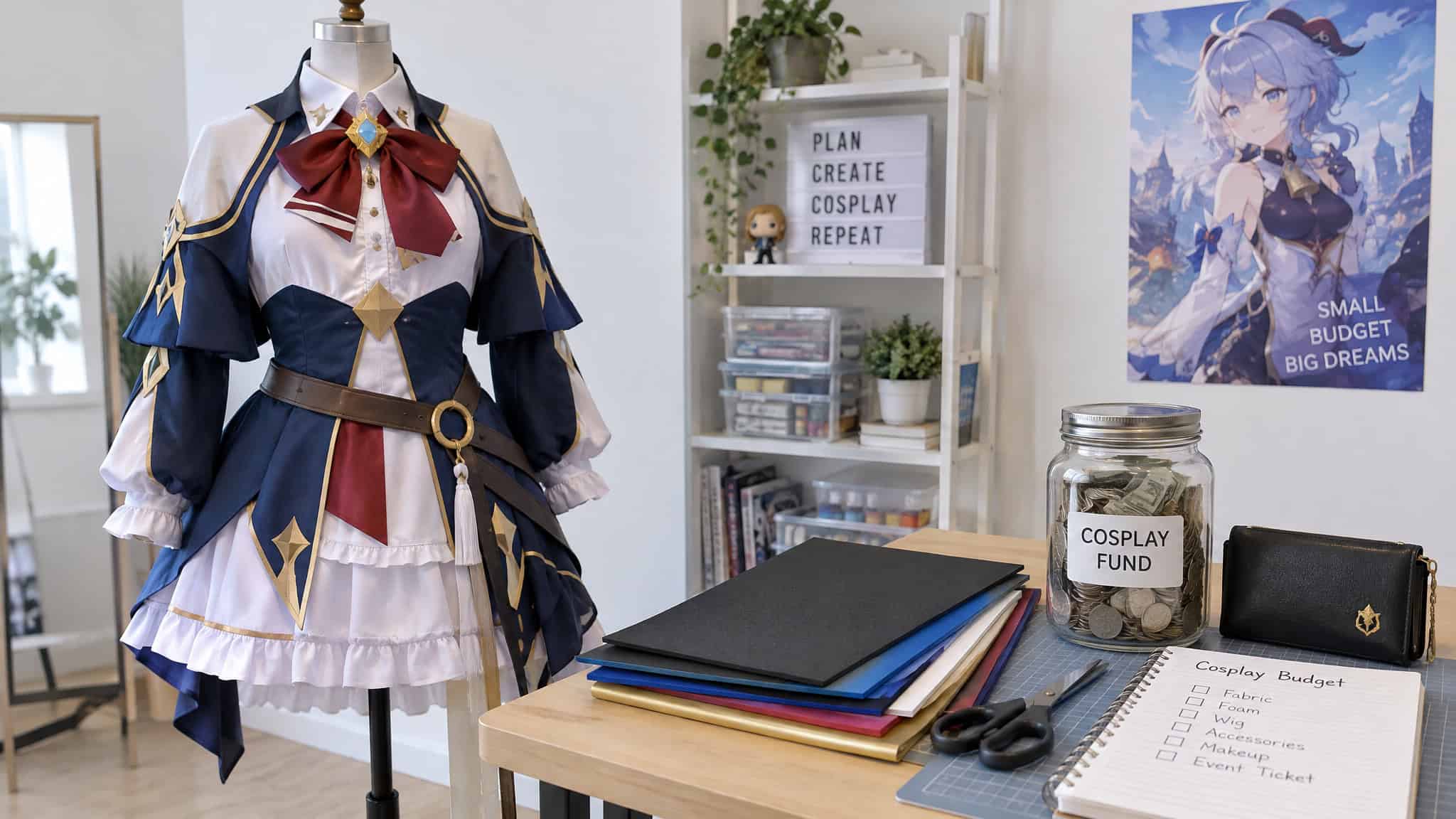 Store-bought anime cosplay costume beside craft supplies showing the buy-versus-build cost tradeoff
