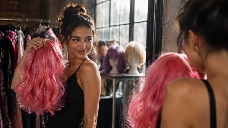 Woman choosing between colorful anime cosplay wigs while planning a convention costume
