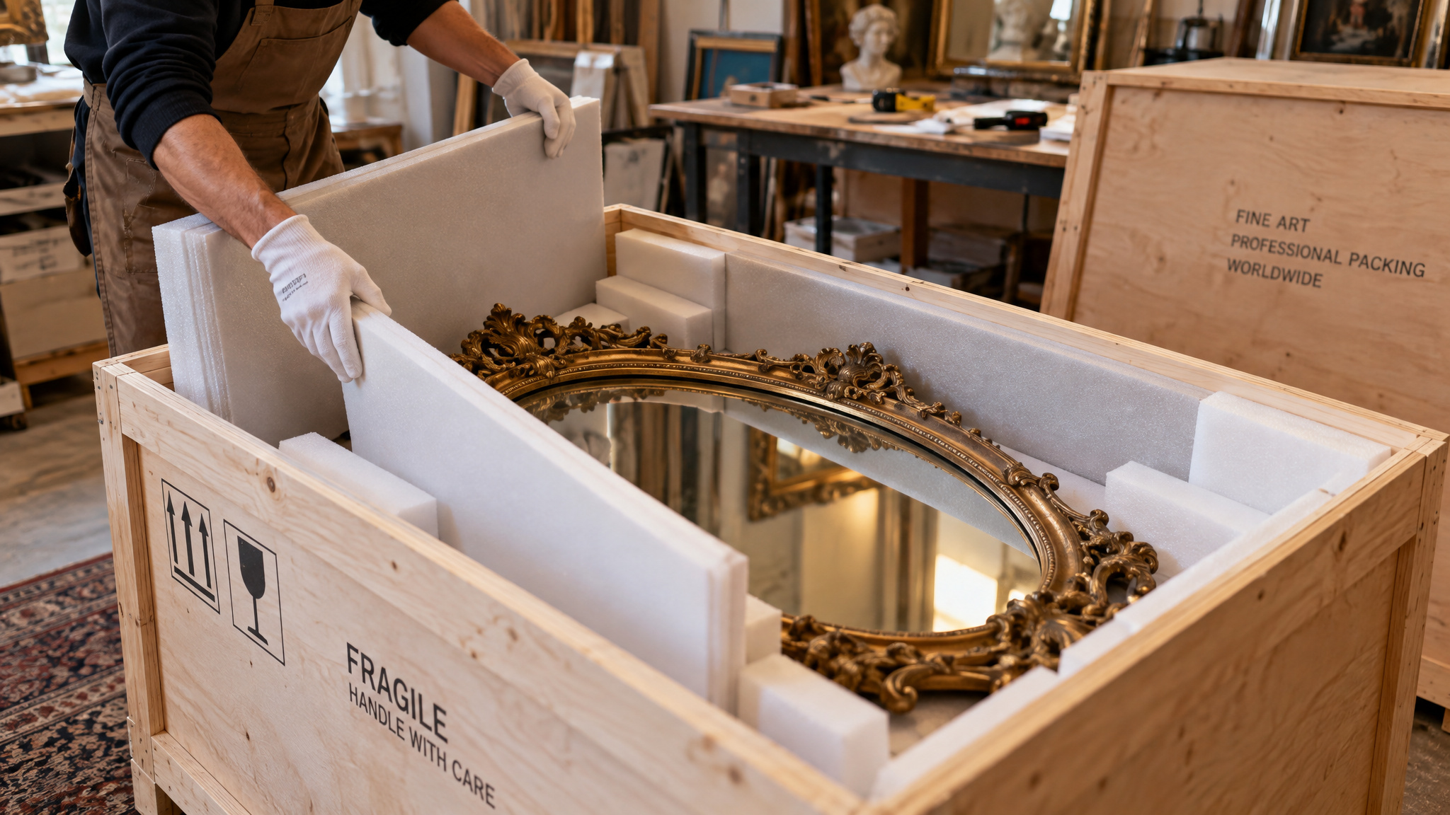 How to Ship Collectibles: The Four-Layer Packing System That Keeps Value Intact 2 Antique mirror packed with rigid face panels and edge protection, illustrating professional crating for fragile collectibles