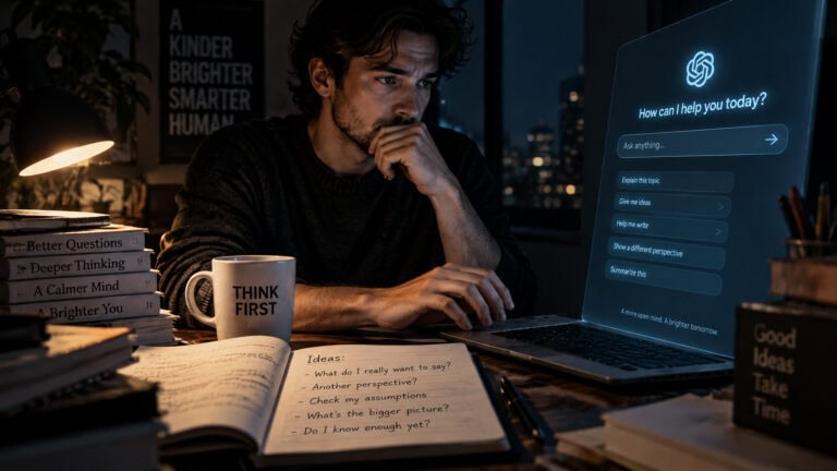 Young man with dark hair and beard working on a laptop in a dimly lit room, surrounded by books and a coffee mug, with a digital assistant screen on the laptop.