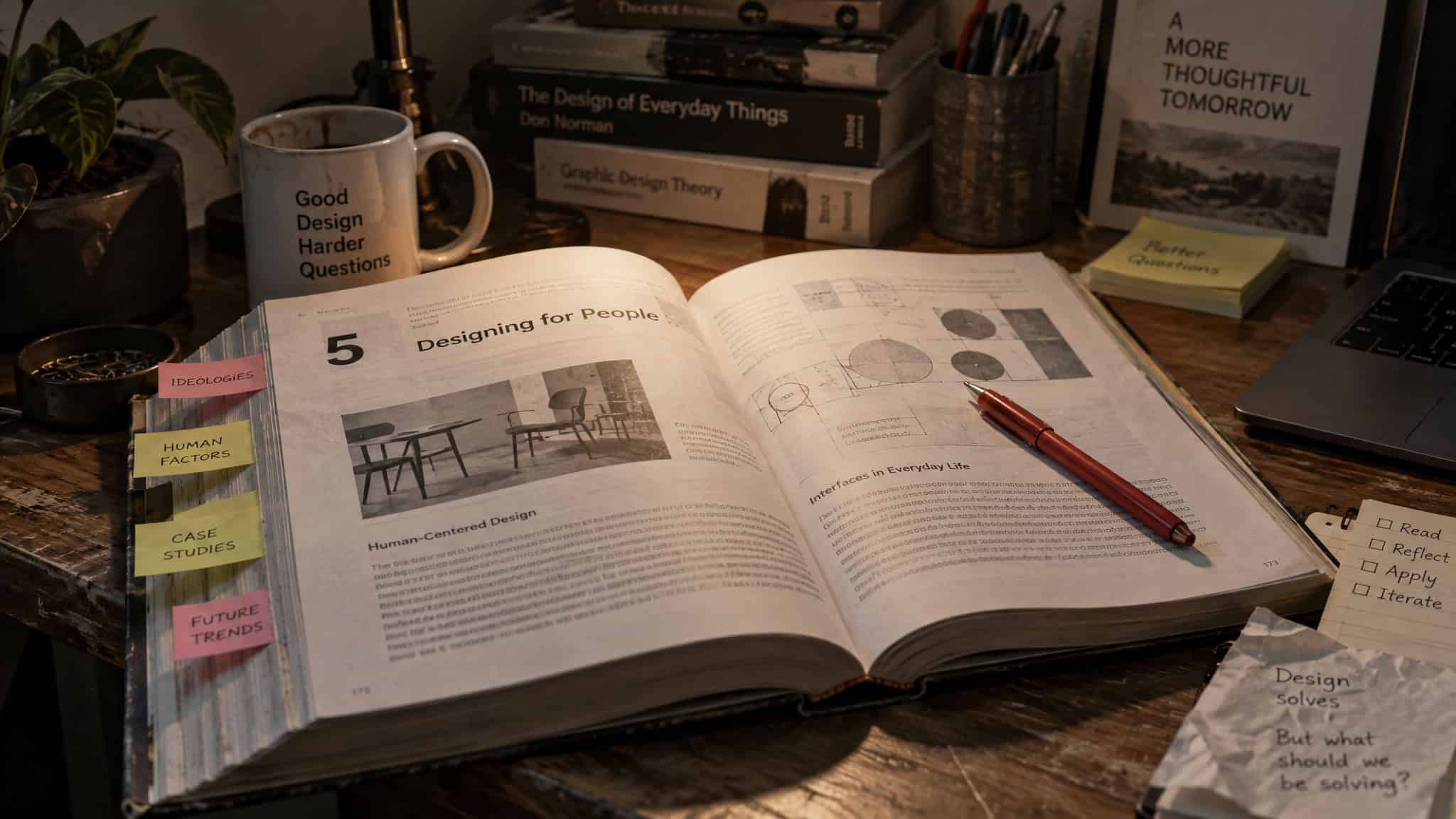 Open design book on a wooden desk with a red pen, surrounded by books, a mug, and stationery, illustrating a workspace for creative design and planning.