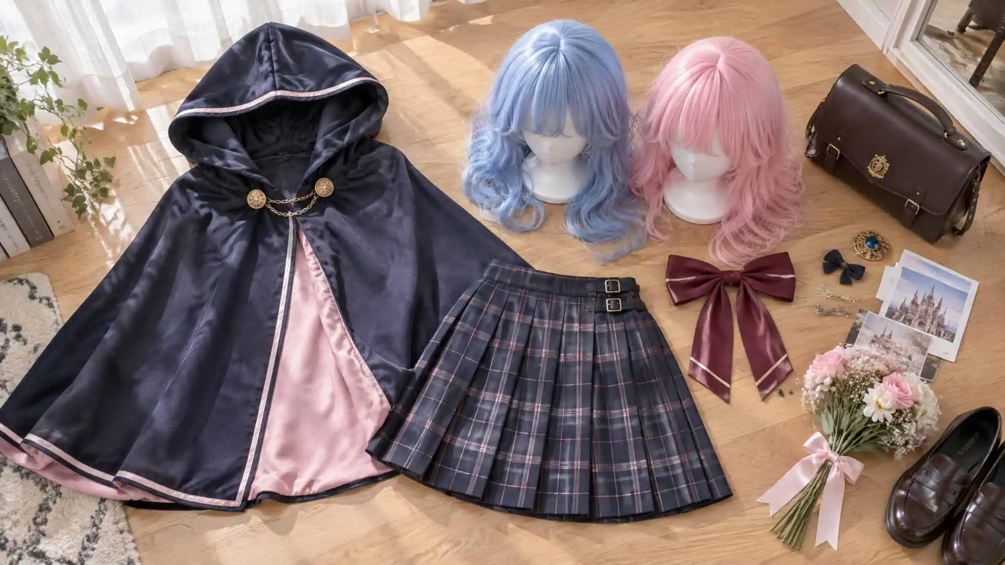 Flat lay of no-sew beginner anime cosplay pieces including cloak, skirt, wigs, and flowers