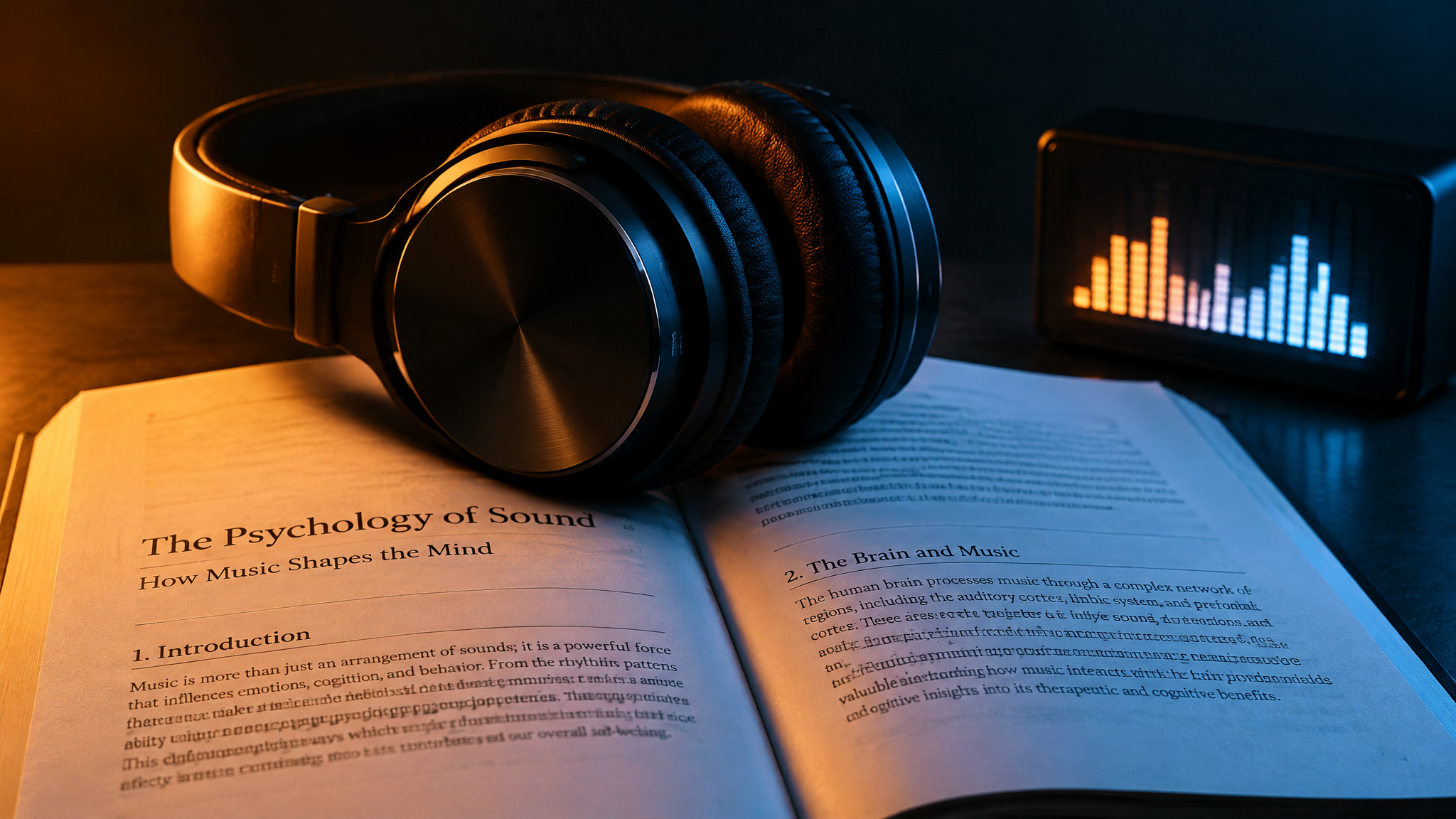 Background music and studying: headphones on a textbook illustrating how playlists affect learning and comprehension